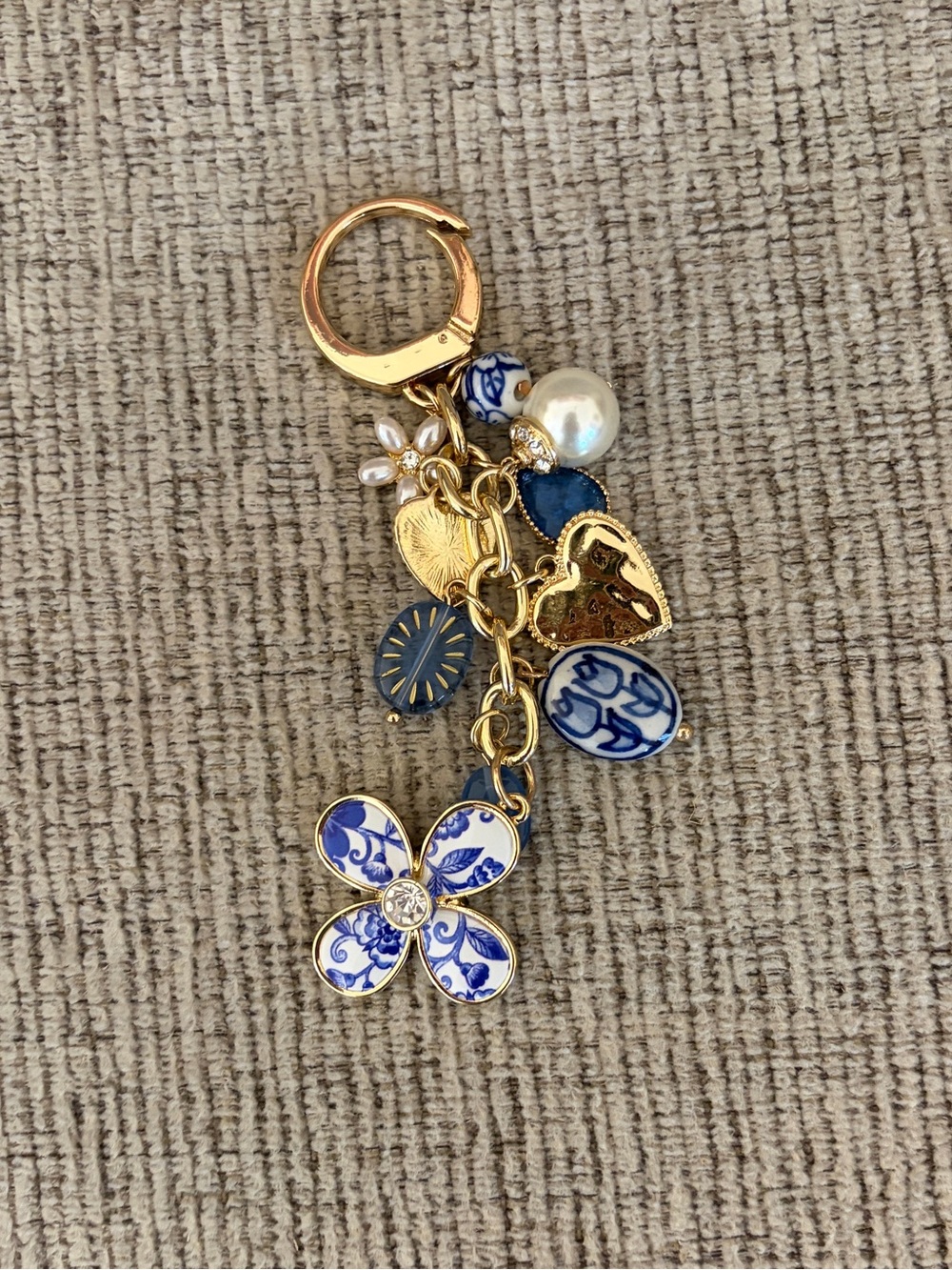 Gold and Blue Floral Bag Charm Keychain